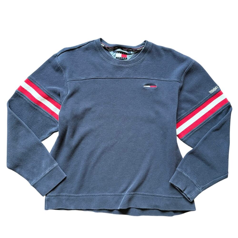 Tommy Hilfiger Navy Sweatshirt Stripe Sleeve Logo 2002 Men’s Sz L